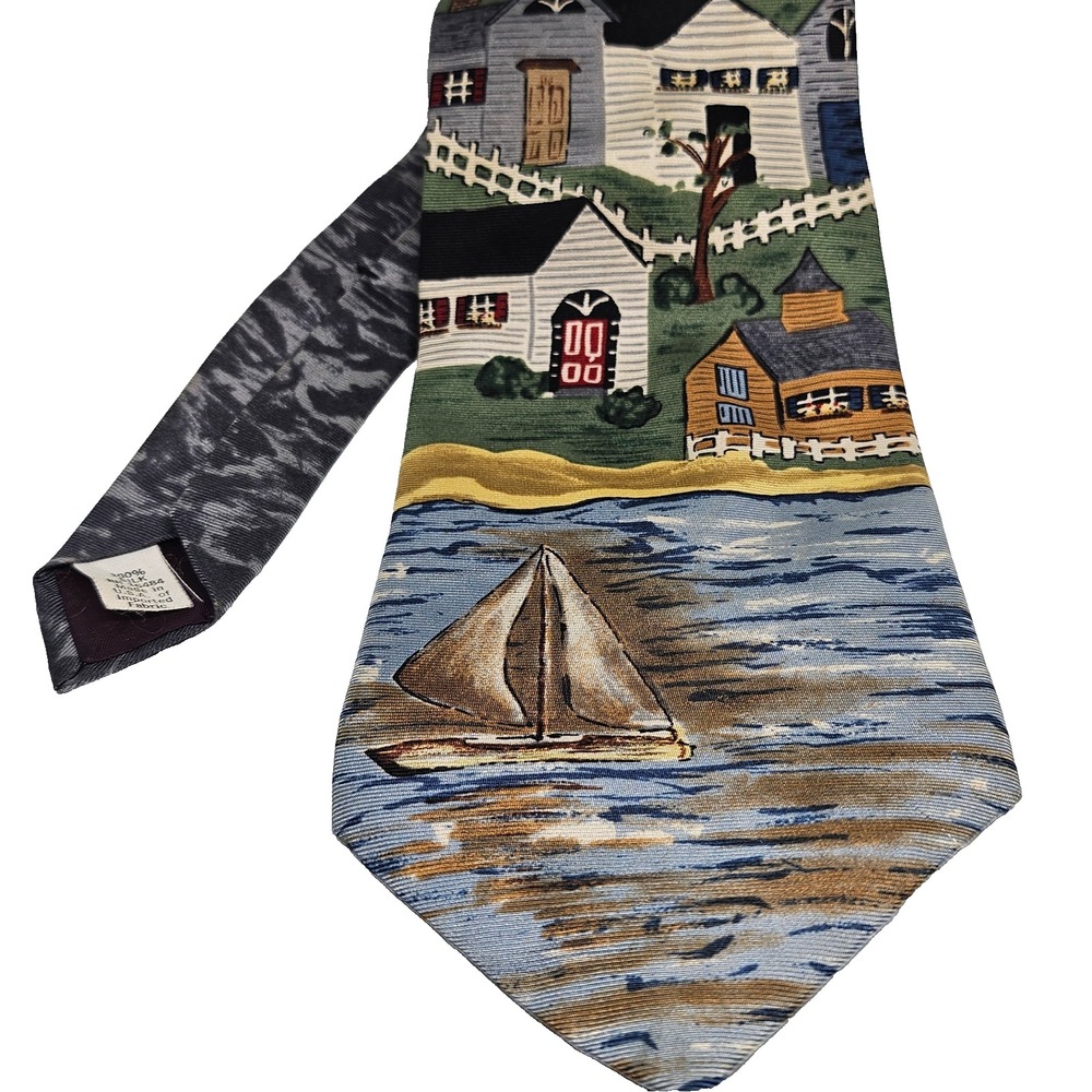 Vintage Necktie Mark Alexander Blue Green 100% Silk Sailboat Scenic Landscape
